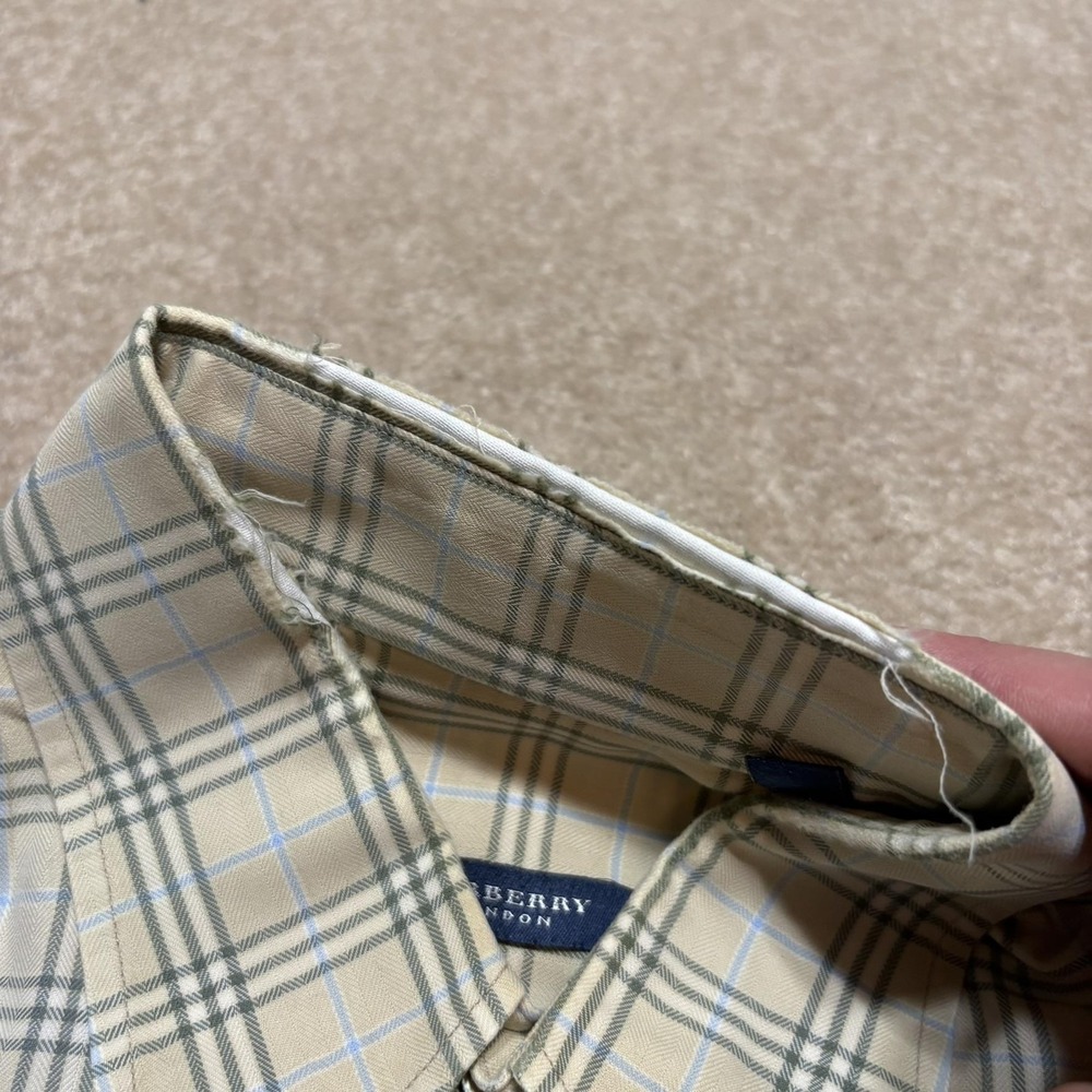 Burberry London Shirt Mens Medium Beige Plaid Twill Button Down LS USA Distress - Picture 9 of 16